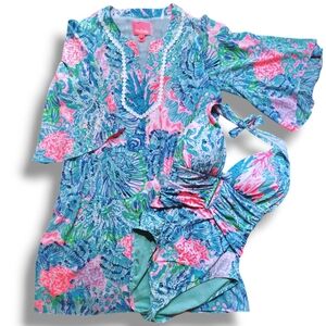 Lilly Pulitzer Lanai Halter One-Piece Swimsuit (Sz 10) & Matching Cover-Up